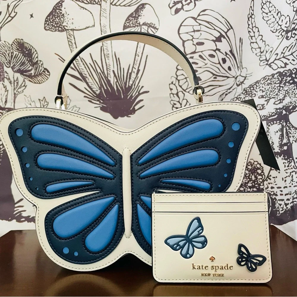 • NWT KATE SPADE FLUTTER FLY 3D BUTTERFLY CROSSBODY BLUE MULTI WHITE CARD HOLDER